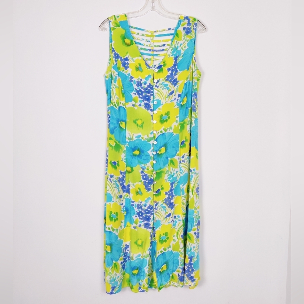 Vintage BFA Classics Floral Sleeveless Maxi Dress Size 20W Neon Green Blue Retro